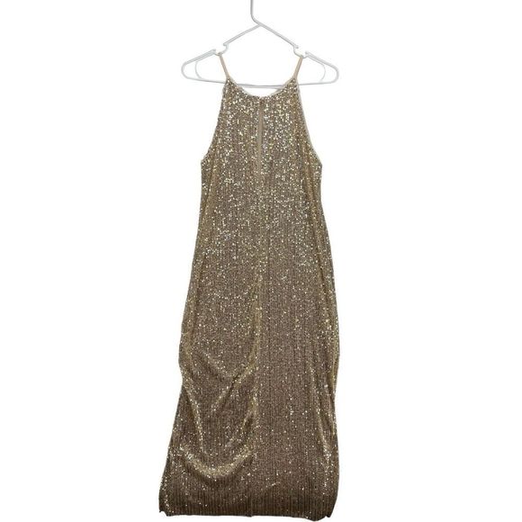 LaLaron Gold Cocktail Dress Small Sequin Evening Gala Slit‎ - Picture 2 of 12